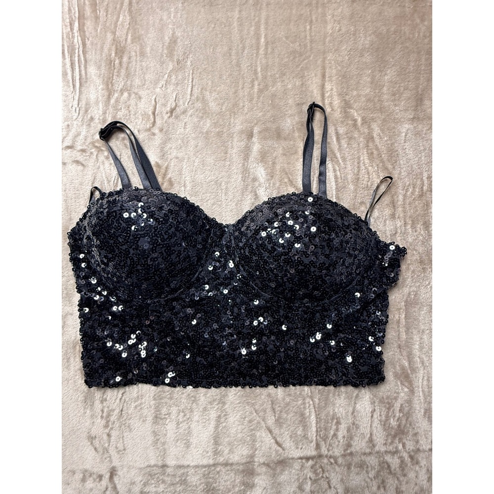 Y2K Wet Seal Black Sequin Bustier Crop Top   Large Whimsigoth Festival Baddy